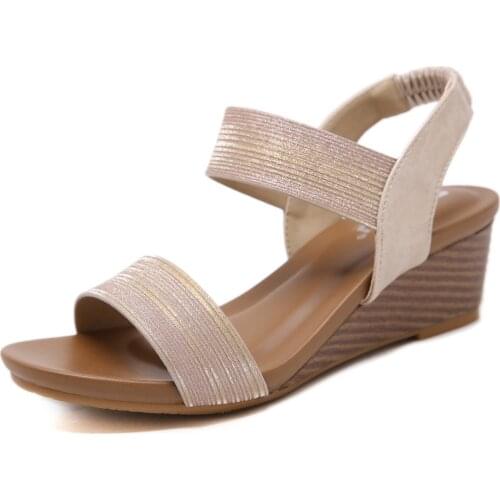 Korean Fashion Wedges Elastic Band Women Sandals Back Strap Gold Powder Casual Beach Med Heel Platform Plus Size Summer Shoes