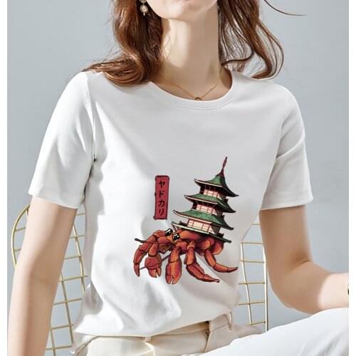 Womens T-shirt Summer Casual Top Wild Cute Monster Print Pattern Series White Short Sleeve Fashion Wild Ladies Round Neck Top