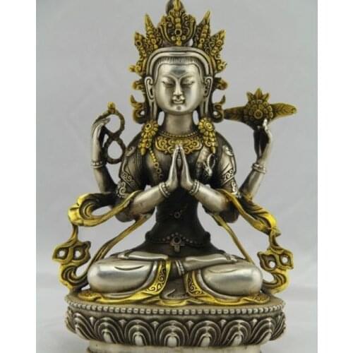 Chinese H 210mm Decorated Tibetan Buddhism Silver Bodhisattva Fou Buddha wholesale Decoration real Silver Brassroom Art