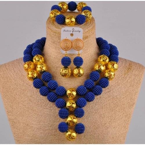 Royal blue nigerian wedding african beads jewelry set for women simulated pearl necklace FZZ16