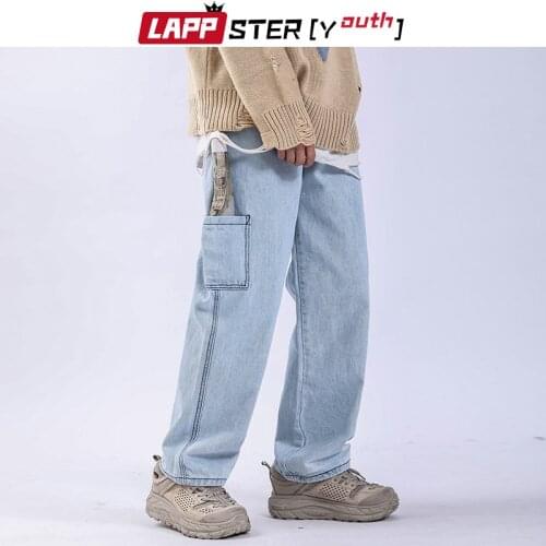 LAPPSTER-Youth Men Japanese Style Patchwork Jeans 2021 Spring Mens Fashions Pockets Solid Vintage Denim Pants Male Harem Joggers