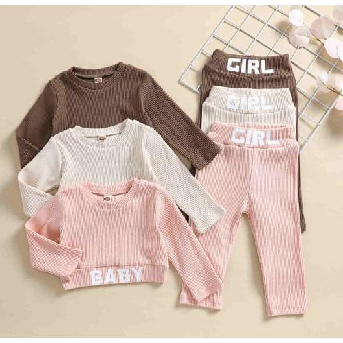 Hot selling 2021 Fashion Children Autumn Tracksuit Letters Ribbed Long Sleeves Pullover+Long Pants Clothes Set for Girls Boys