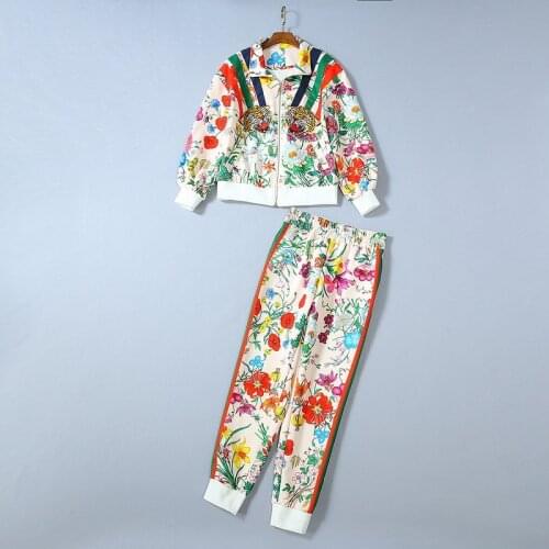 Autumn 2019 new European and American womens wear Long sleeve printed Embroidered tiger coat Nine minutes of pants Fashion suit