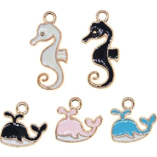 20pcs/lot Cute Mini Seahorse Squirting Blue Whale Enamel Charm For Earrings Necklace Bracelet DIY Jewelry Making Findings XL1058