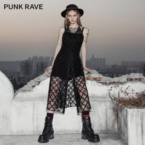 PUNK RAVE Girls Original Black Lace Sling Mesh Dress Two-piece Slim A-line Fashion Sexy Trend Hollow Out Long Dress Women