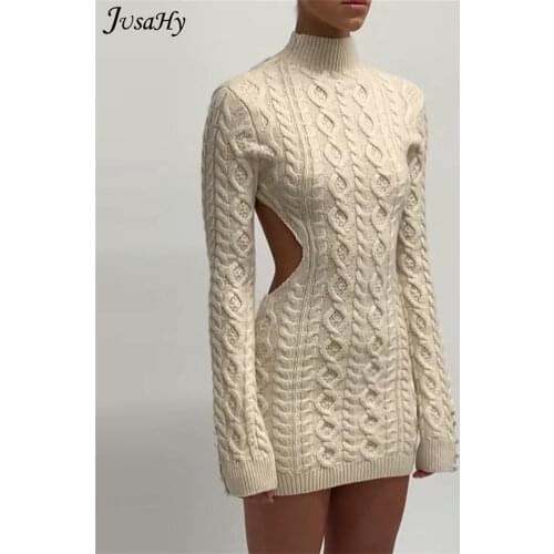 JuSaHy Autumn Knitted Backless Mini Dress for Women Turtleneck Stretched Soft Bodycon Casual Streetwear Female Vestidos De Mujer