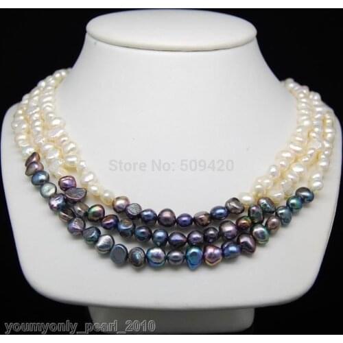 3Row Natural Freshwater white & black baroque pearl necklaces 17-19"