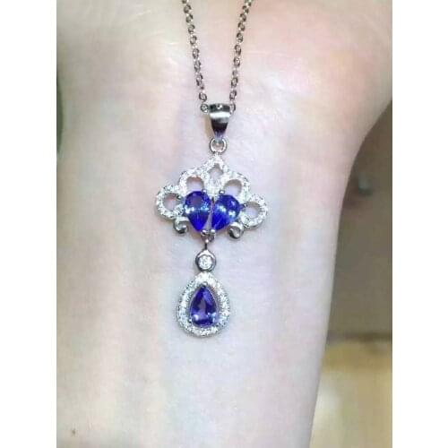 Natural blue tanzanite stone pendant S925 silver Natural gemstone Pendant Necklace trendy Water drop bell women wedding jewelry