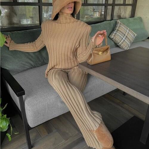 Casual Knitted Pullover Autumn Winter Long-sleeved Sweater Green Top Knitted Trousers Women Two-piece Set Fashion Suit Za 2021