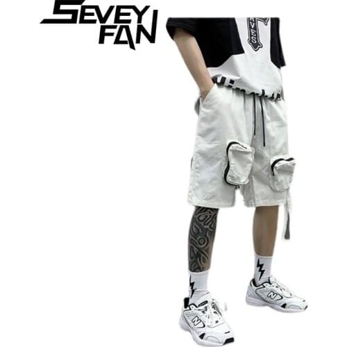 SEVEYFAN Mens Cargo Shorts Big Pocket Hip Hop Fashion Street Straight Loose Shorts for Male