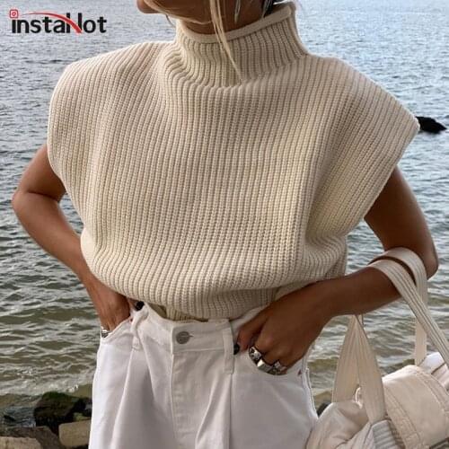 InstaHot Sweater Waistcoat Vest Turtleneck Elegant Pullover Autumn Soft Loose Knitted Sweater Women 2020 Casual Streetwear Vest