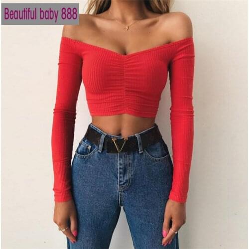 Meqeiss Women long sleeve off shoulder solid color lady Tshirt autumn basic tees T-shirts sexy and club fashion female T-shirt