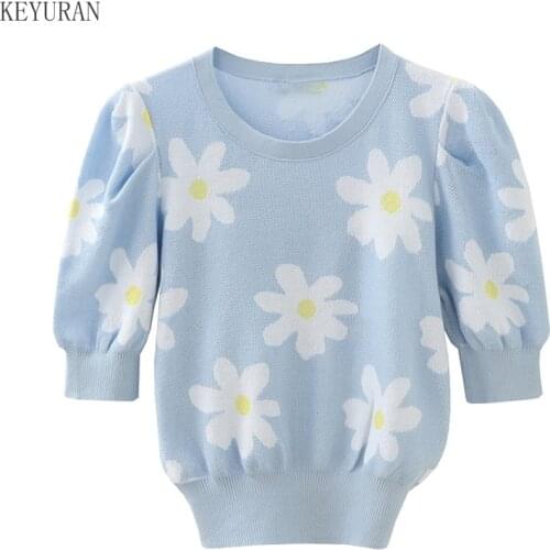 2021 New Spring Summer Knitted T-Shirt Women Fashion Mid Sleeved Floral Jacquard Puff Sleeve Pollover Thin Sweater Tees Tops