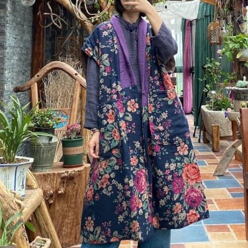 Johnature Women Cotton Print Floral Long Vests 2020 Winter Vintage Coats Chinese Style Sleeveless V-Neck Patchwork Pocket Vests