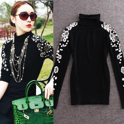 Women Sweaters And Pullovers Fashion 2020 Winter Turtleneck Black Basic Thin Flower Beads Long Sleeve Slim Body Knitted Sweater