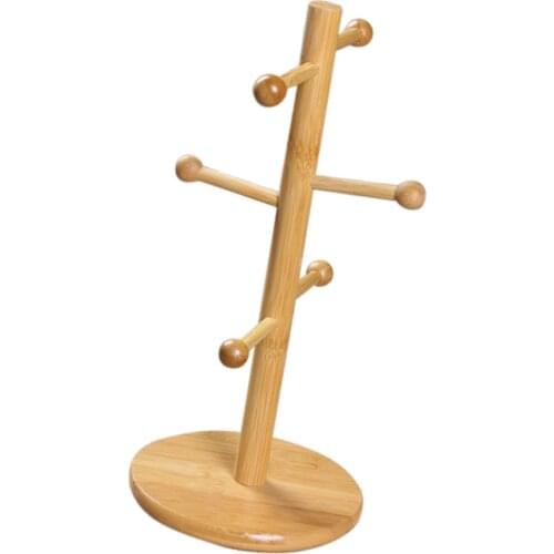 Bamboo Mug Tree Stand Kitchen Storage Rack Cup Holder Display Shelf Racks with 6 Hooks