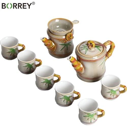 BORREY Chinese Kung Fu Tea Set The Tea Pot Ceramic Teacup Bamboo Shape Teapot Teacup Porcelain Teapot With Infuser Filter Chahai