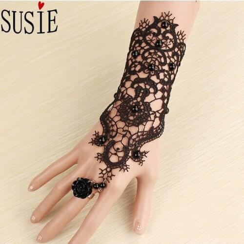 LOVE SUSIE Black Women Bracelets With Ring Dress Accessories Lace Charm Chain Party Hands Jewelry Retro Elegant Bracelet
