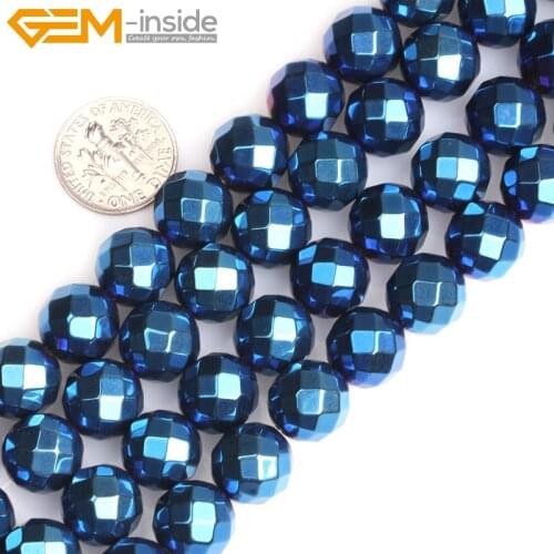 Gem-inside 12mm-15mm Blue Metallic Coated Round Faceted Magnetic Hematite Beads For Jewelry Making Strand 15"