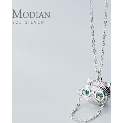 Modian Green Crystal Cute Cat Face Sterling Silver 925 Pendant Necklace for Women Adjustable Necklace Creativity Fine Jewelry