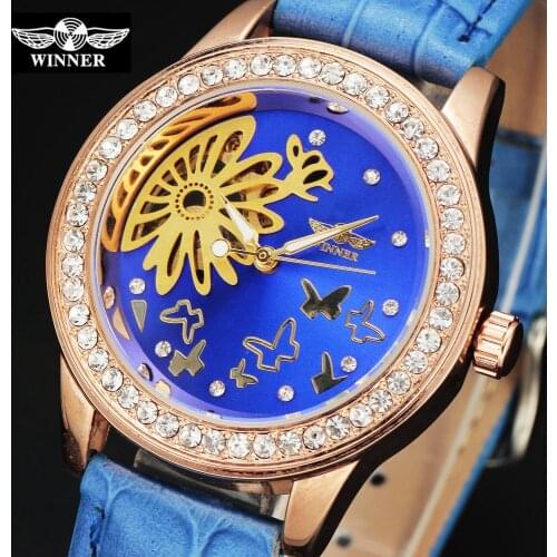Fashion Brand WINNER Watches Women Skeleton Hand Wind Mechanical Watch Genuine Leather Band Ladies Diamond Casual Wristwatch