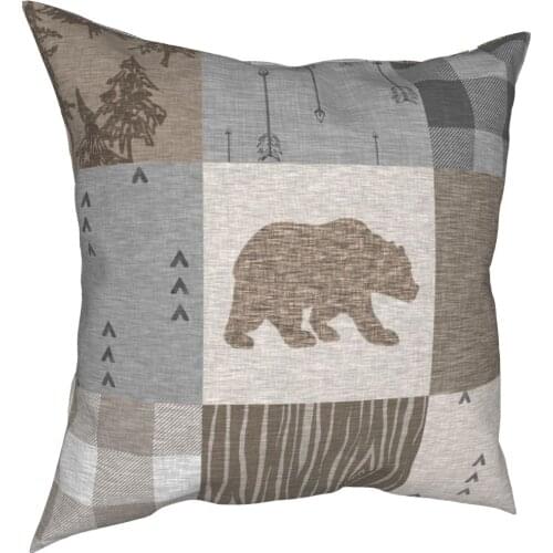 Bear Patchwork Rustic Neutrals Pillowcase Printing Fabric Cushion Cover Decorations Plaid Throw Pillow Case Cover 40*40cm