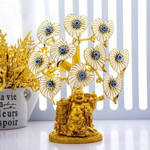 H&D Turkish Evil Eye Tree With Painted Golden Buddha Statue Money Tree Showpiece Home Office Decor for Wealth Health Good Luck