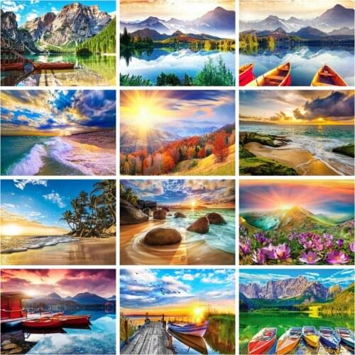 Huacan Diamond Painting New Arrival Natural Scenery Wall Stickers Mosaic River Boat Landscape Embroidery Mountain Wall Decor