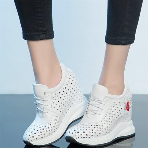 Fashion Sneakers Women Lace Up Genuine Leather Wedges High Heel Ankle Boots Female Round Toe Platform Pumps Shoes Casual Shoes