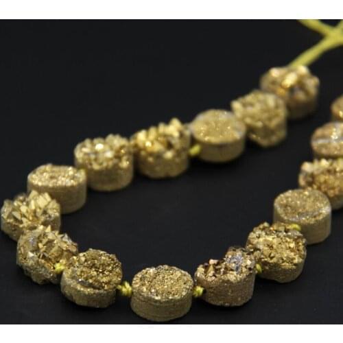 16PCS/strand Titanium Gold Raw Quartz Geode Drusy Flat Round Cabochon Beads,Roug Agates Crystal Druzy Coin Slab Nugget Pendant