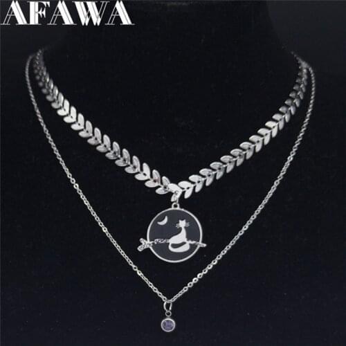 2021 Cat Stainless Steel Layered Necklace for Women Silver Color Necklace Chain Jewelry acero inoxidable joyeria mujer N1984S02