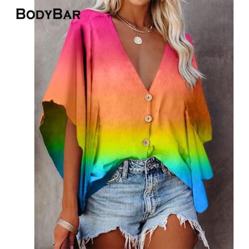 Fashion Bat Sleeve Print Chiffon Shirt Ladies Half Sleeve Loose Top Buttoned Cardigan V-neck Blouse For Women 2021 Oversize Tops
