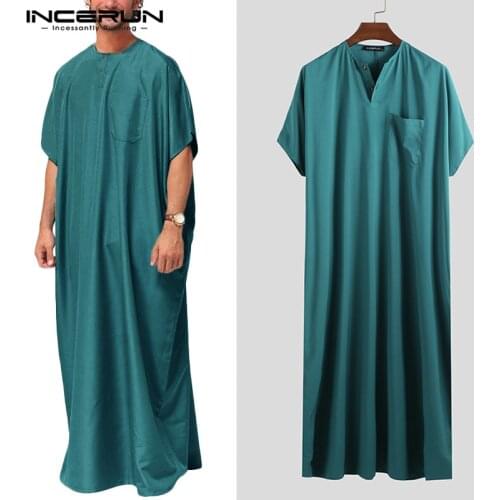 INCERUN Jubba Thobe Men Islamic Arabic Kaftan Solid Short Sleeve Loose Retro Robes Abaya Middle East Muslim Clothing Plus Size 7