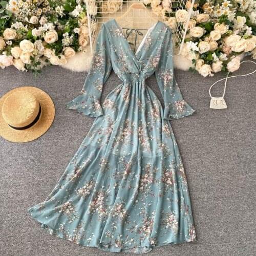 FMFSSOM New Spring Autumn Women Sexy Boho Dress Long Sleeve V Neck Backless Long Dresses Ladies Vintage Floral Printed Dresses