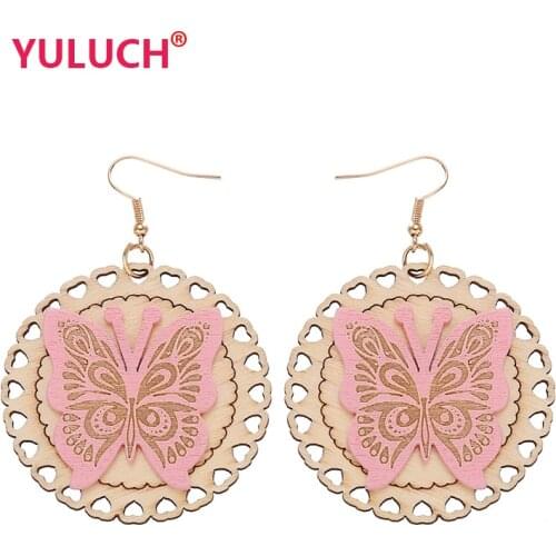 YULUCH Ethnic Design Wooden Round Flower Inlaid Pink Butterfly Pendant Earrings for Sweet Fashion Womens Ear Jewelry Gifts