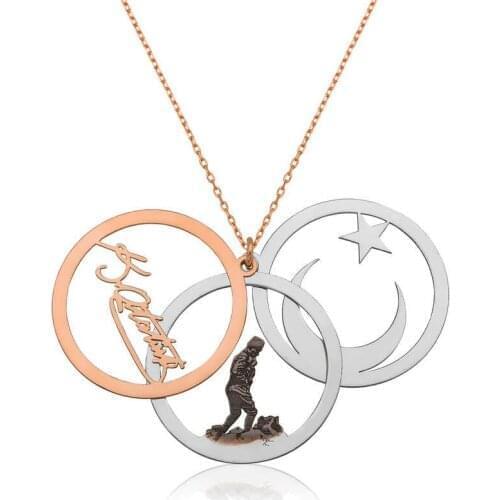 Tevuli 925 Sterling Silver Ataturk Silhouette Moon Star and Ataturk Signature Print Lady Necklace