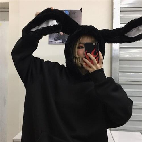 Rabbit Ears Hoodies Loose Fashion Harajuku Autumn Winter Warm Hooded Plush Pullovers