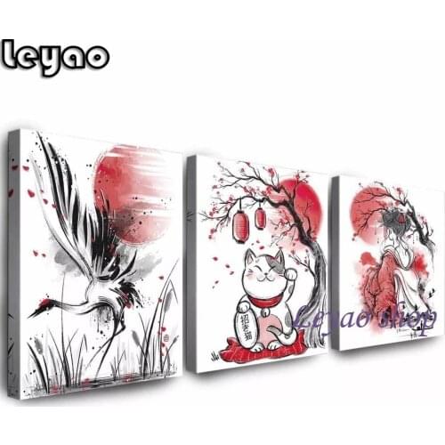 Triptych 5D DIY Diamond Painting Japan Painting Set Crane Cat Woman Full Drill Square Round Diamonds Embroidery Home Decor