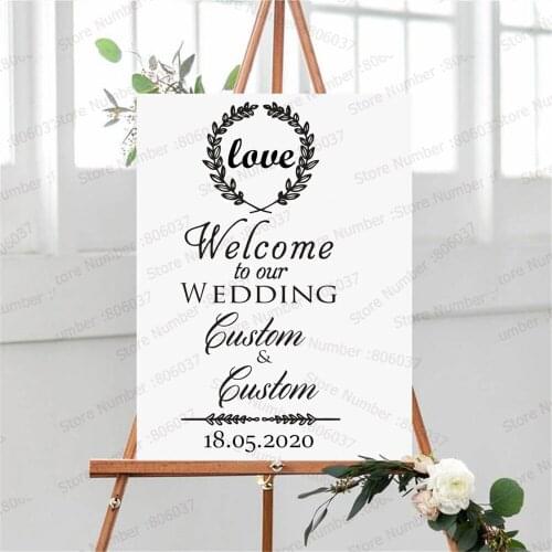 New Design Wedding Weclome Sign Board Stickers Custom Bride Groom Names Vinyl Wall Decal Wedding Ceremony Decoration WL587