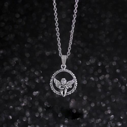 Vintage Angel Round Pendant Necklace for Women Men Silver Color Retro Neck Chains Long Necklace Collar Goth Gothic Punk Jewelry