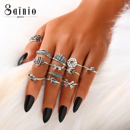Sainio 12 pcs/ set Elephant Fox Rings Vintage Cactus Leaf Rings Set Bohemia Hollow Bird Lion Shape Carved Midi Finger Rings