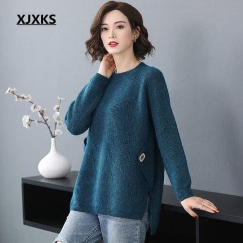 XJXKS Round neck long sleeve cashmere knitted sweater women pullover 2020 new loose plus size women winter sweater