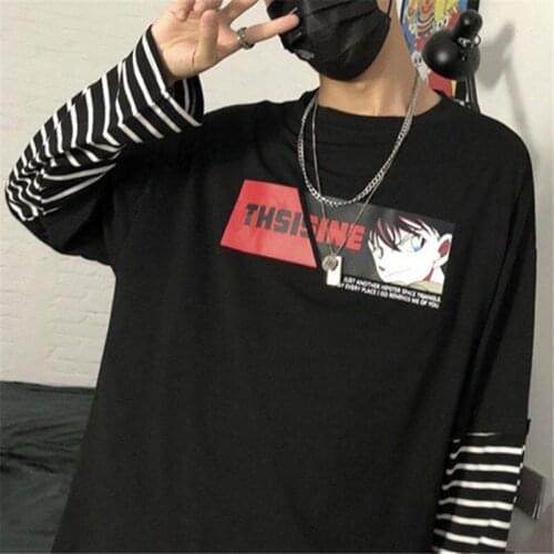 Japan Spring Male Black Tshirt Streetwear fashion Harajuku Long Sleeve Casual Tops Long Striped Tee T Shirt Men Sweatshirts
