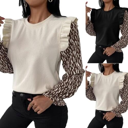 Female Blouse, Women’ s Floral Print Long Sleeve Round Neck Tops Pullover for Autumn White/Black, S/M/L/XL