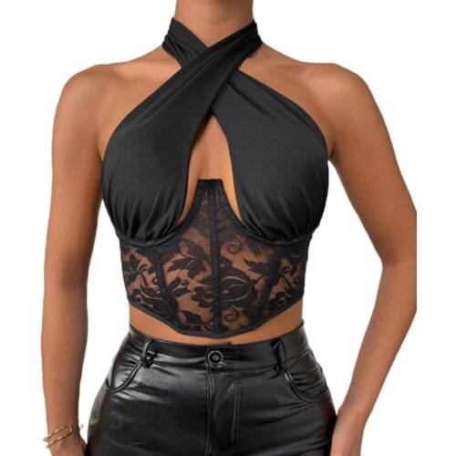 Female Camisole, Lace Floral Halter Neck Strappy Vest Sleeveless Crop Tops for Summer, Black, S/M/L