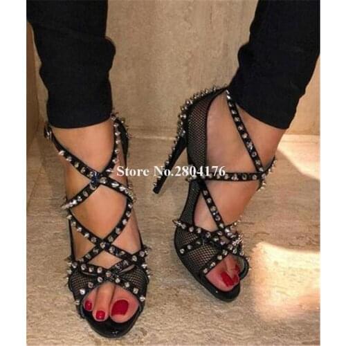 Women Brand Design Peep Toe Mesh Rivet Stiletto Heel Pumps Black Nude Strap Cross High Heels Formal Dress Shoes Heels