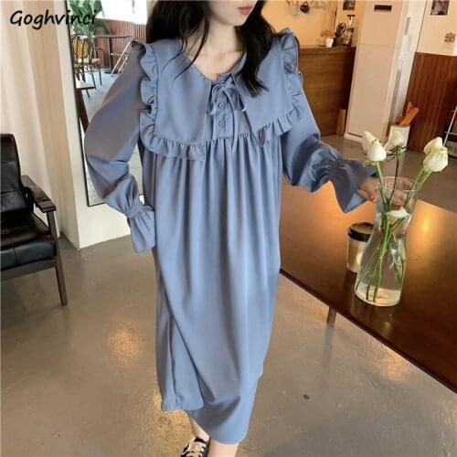 Women Long Butterfly Sleeve Dresses Peter Pan Collar Solid Loose Preppy Students Sweet Kawaii Daily Calf Length Dress Korean Ins