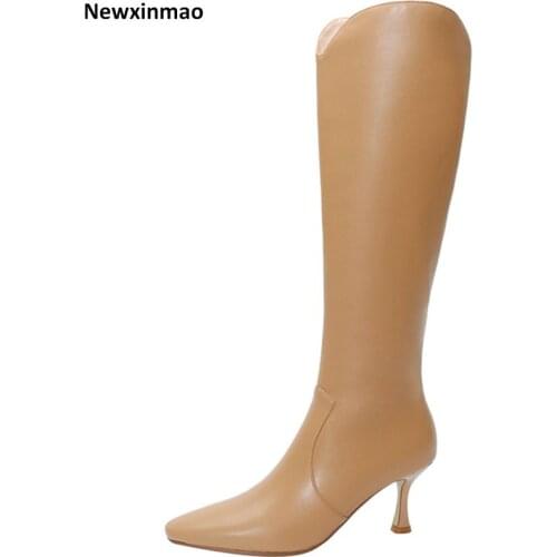 2021 New Elegant Knee High Boots for Women Wide Leg Genuine Leather High Heels Boots for Girls Wedding Party Tight High Boots