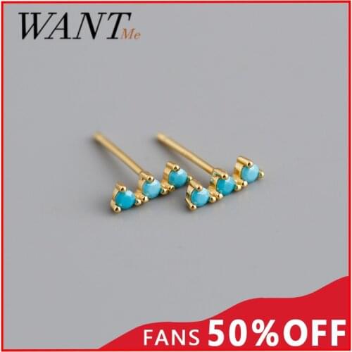 WANTME Real 925 Sterling Silver Blue Turquoise Zircon Strip Geometric Bar Stud Earrings for Women Bohemian Teen Office Jewelry