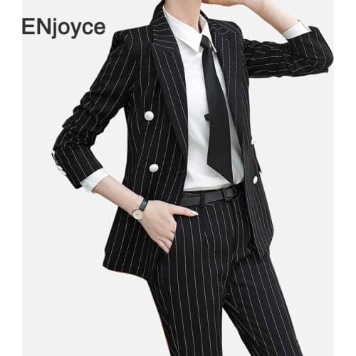 Women 3 Pieces Set Striped Blazer & Blouse & Pants Suits Long Sleeve Double Breasted Jacket Autumn Fashion Slim Fitting Clothing